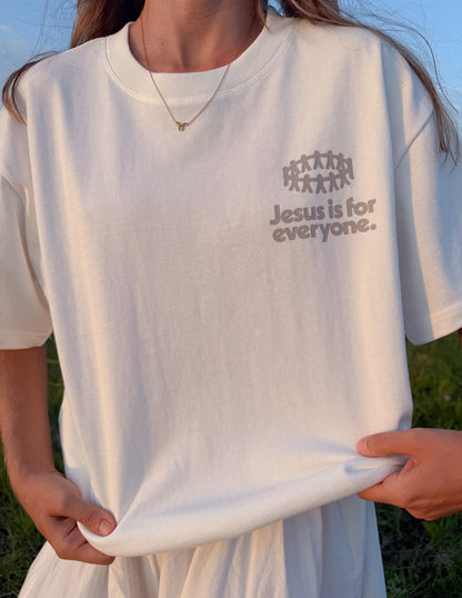 Black heavyweight Jesus Is for Everyone T-shirt by Elevated Faith featuring a bold religious graphic on the front.