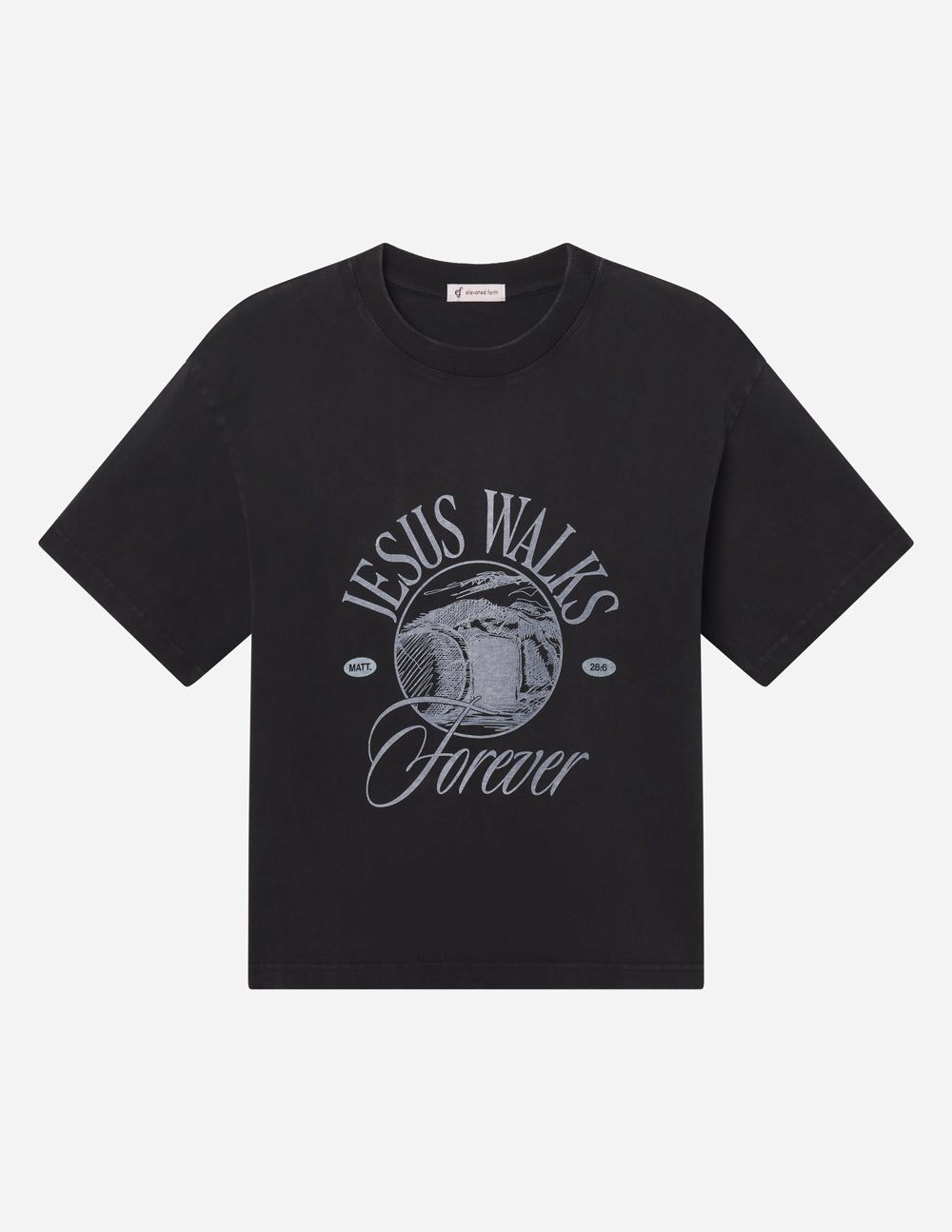 Black Jesus Walks heavyweight T-shirt by Elevated Faith with bold graphic design on front.