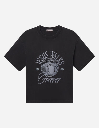Black Jesus Walks heavyweight T-shirt by Elevated Faith with bold graphic design on front.