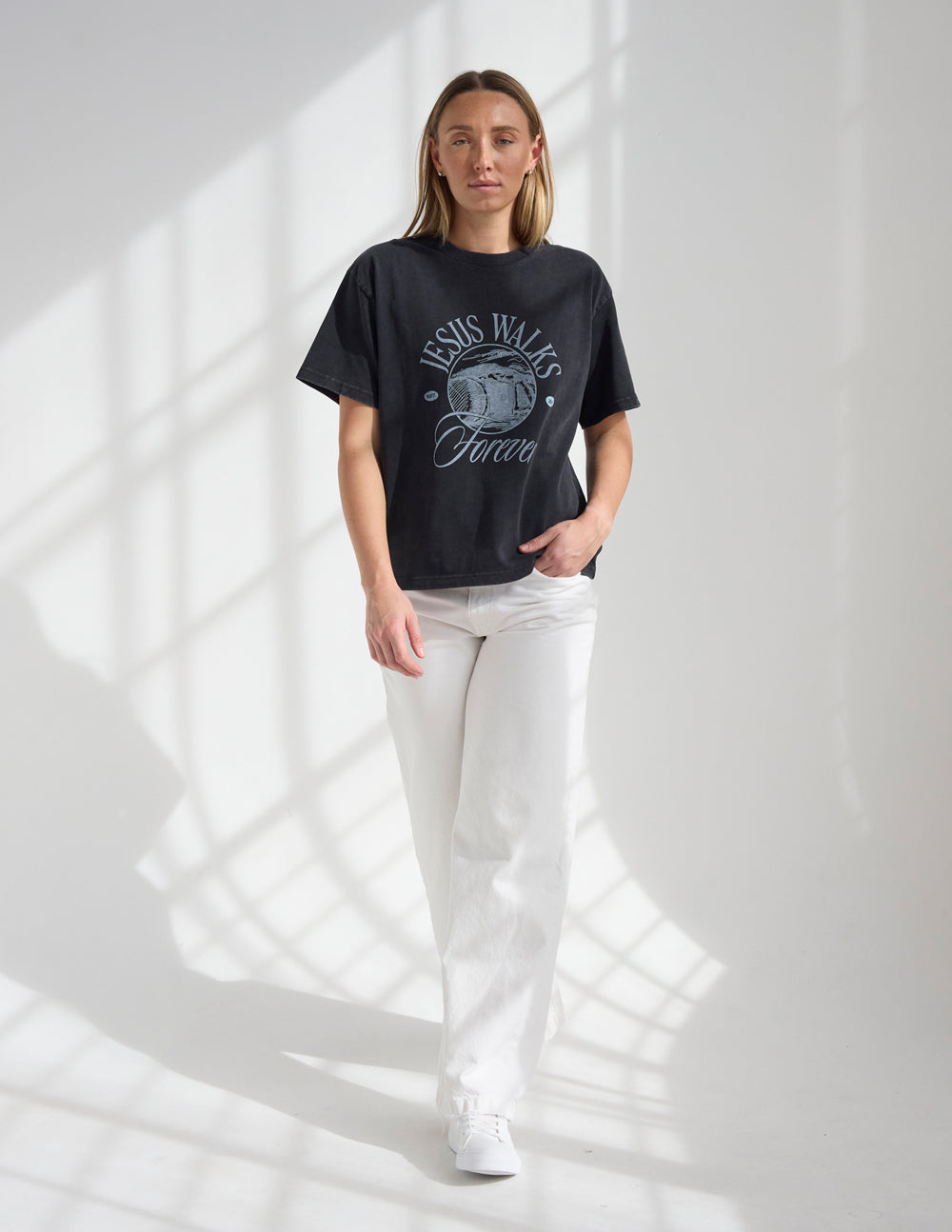Elevated Faith Jesus Walks heavyweight T-shirt featuring a bold graphic design on the front, casual fit, and comfortable fabric.