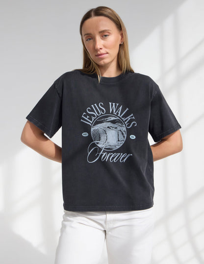 Elevated Faith Jesus Walks heavyweight T-shirt featuring a bold graphic design on soft, comfortable cotton fabric.