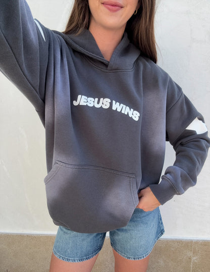 Unisex hoodie by Elevated Faith featuring Jesus Wins graphic design, soft fabric, and comfortable fit in a casual style.