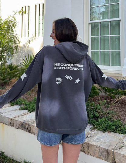 Unisex hoodie with "Jesus Wins" slogan by Elevated Faith, black hoodie featuring bold white text and comfortable fit.