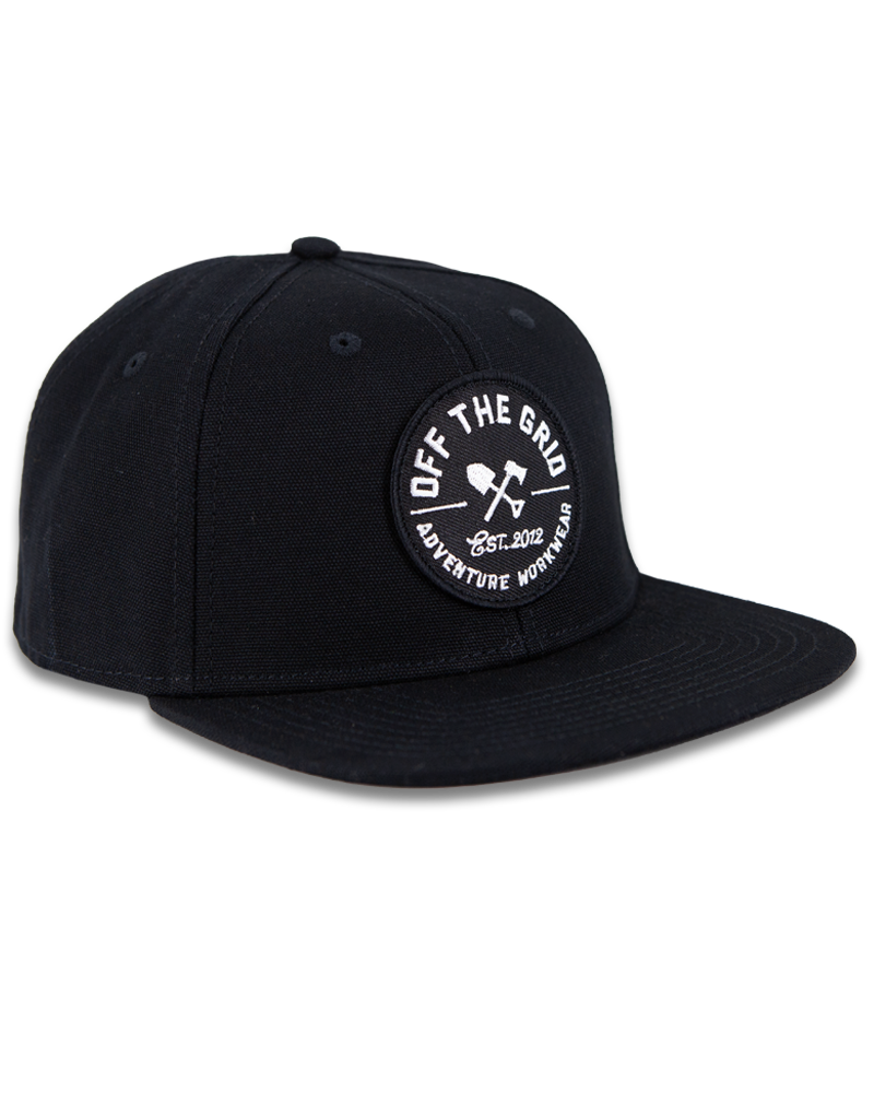 Black Jobsite Hat by Off The Grid Surplus with a sturdy brim and adjustable strap, designed for outdoor work and durability.