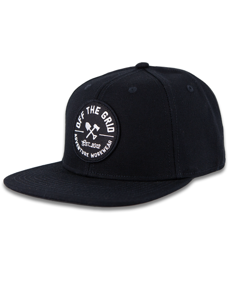 Black Off The Grid Surplus Jobsite Hat with adjustable strap and breathable fabric, designed for work and outdoor activities.