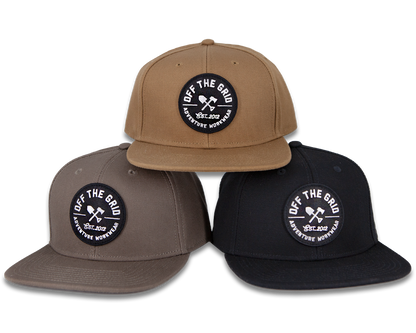 Off The Grid Surplus jobsite hat with durable fabric, adjustable strap, and wide brim for sun protection on work sites.