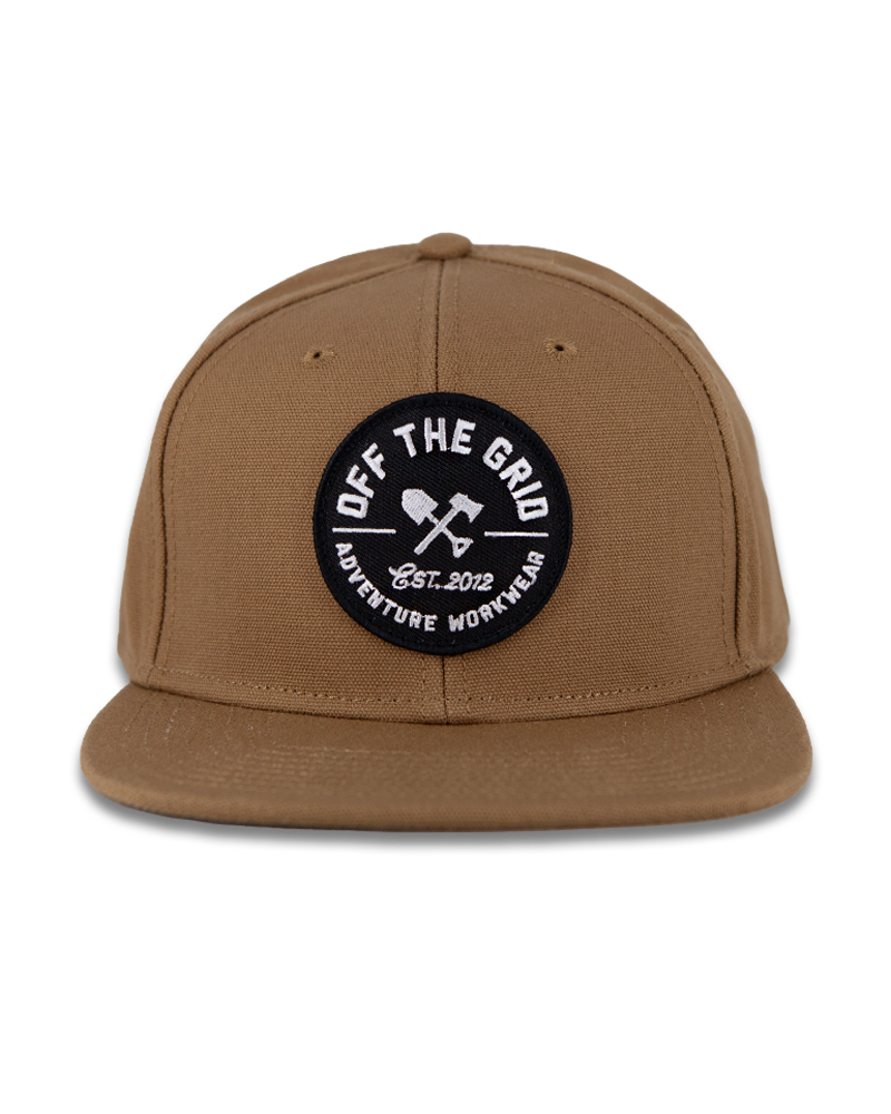 Off The Grid Surplus jobsite hat in tobacco color, durable workwear hat with adjustable strap and breathable fabric.