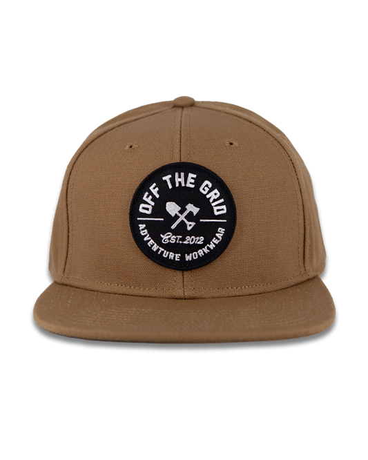Off The Grid Surplus jobsite hat in tobacco color, durable workwear hat with adjustable strap and breathable fabric.