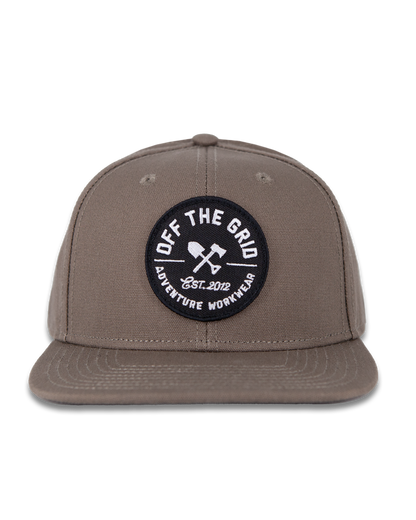 Off The Grid Surplus jobsite hat in walnut color, durable work hat with a wide brim and adjustable strap for outdoor use.