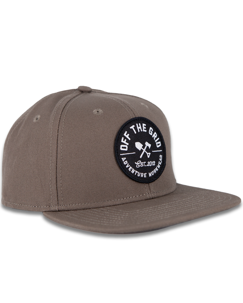 Off The Grid Surplus jobsite hat in walnut color, durable hat with a wide brim for sun protection and rugged workwear style.