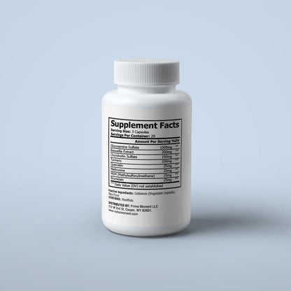 Nutra Moment Joint Flex Ultra supplement bottle with label, featuring capsules and health benefits on a white background.