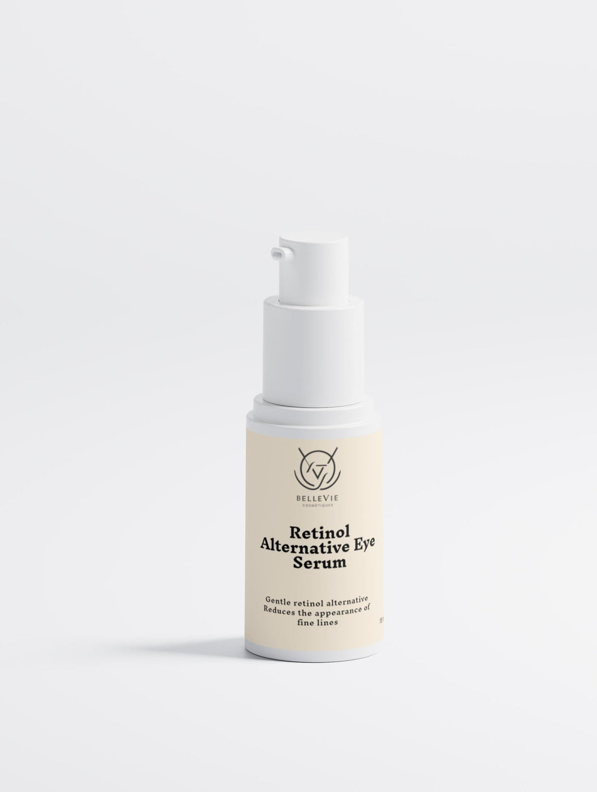 BelleVie Cosmétiques retinol alternative eye serum in a 15ml bottle, featuring a gentle lift, firming, and radiance benefits.