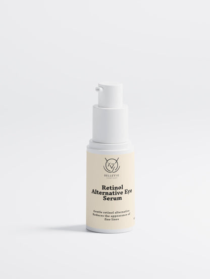 BelleVie Cosmétiques retinol alternative eye serum in a 15ml bottle, featuring a gentle lift, firming, and radiance benefits.