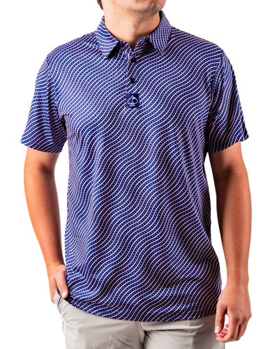 Men's Pins and Aces Wavy Stars and Stripes polo shirt with patriotic July 4th design, featuring wavy stars and stripes pattern.