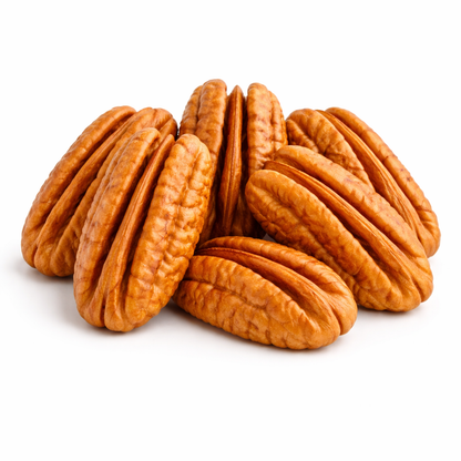 Raw jumbo pecans from Candy In Bulk, large shelled pecans perfect for snacking or baking in a bulk nut snack bag.