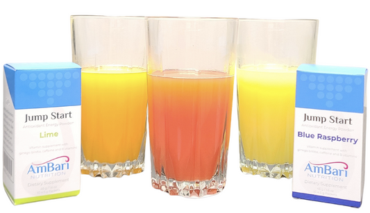 AmBari Nutrition Jump Start energy drink mix powder in a colorful container, ready for quick energy boost.