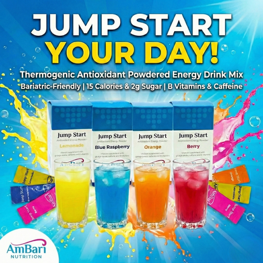 AmBari Nutrition Jump Start energy drink mix powder in a can, ready to boost your day with refreshing energy.