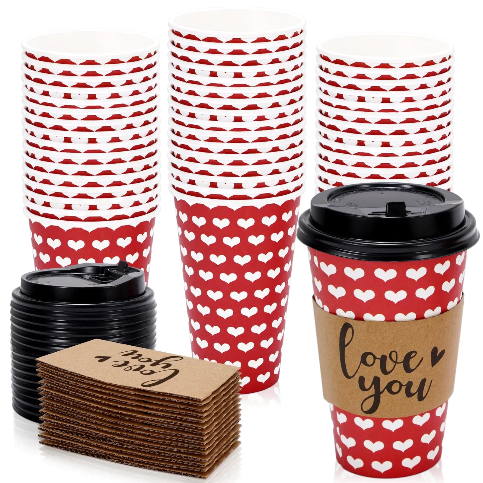 JarThenaAMCS 48 Pack Red White Heart Disposable Coffee Cups with Lids and Sleeves Valentines Day Paper Cups Love Drinking Cups for Wedding Anniversary Party Supplies