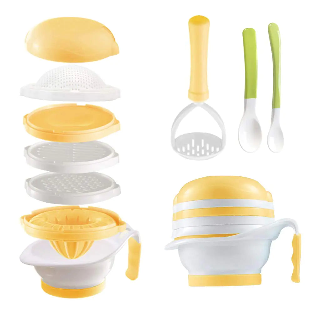 Matyz Versatile Baby Food Maker Set - Toddler Food Mills with Mash Bowl Hand Masher Citrus Juicer Grater - Making Homemade Baby Food - Fruits and Vegetables Masher - No BPA (Yellow)