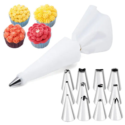 14-Piece Stainless Steel Cake Decorating Set with Assorted Tips and Pastry Bags for Professionals