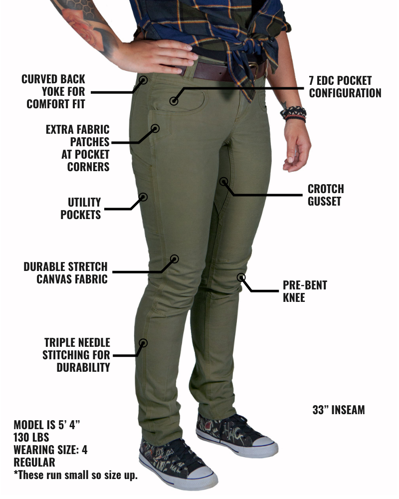 Women’s dark olive Kestral pants by Off The Grid Surplus, featuring a relaxed fit and functional design for casual wear.
