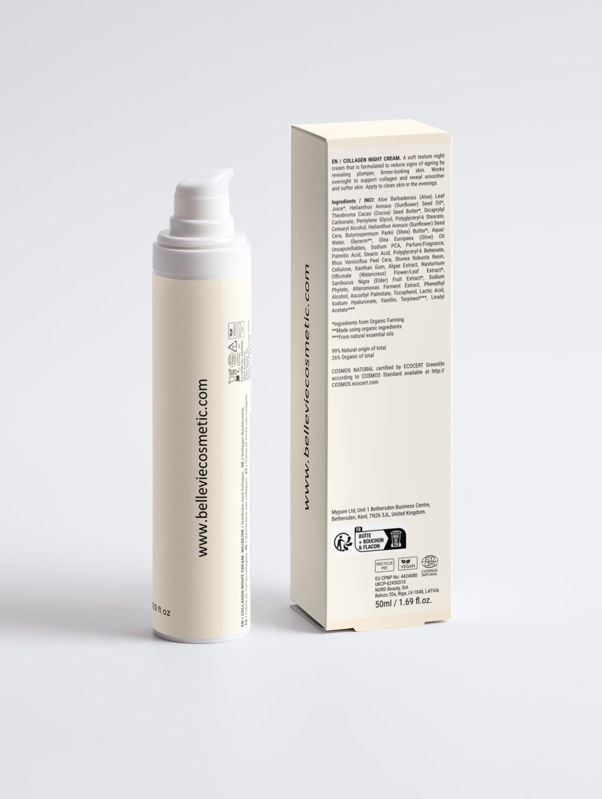 BelleVie Cosmétiques Collagen Anti-Age Night Cream in a 50ml jar, showing the rich, hydrating face cream with firming benefits.
