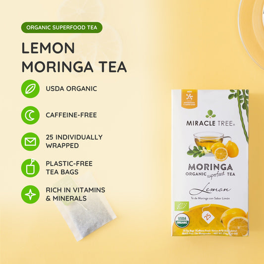 Organic Moringa Tea with lemon by Miracle Tree, caffeine-free herbal tea in a clear tea bag with lemon slices and moringa leaves.