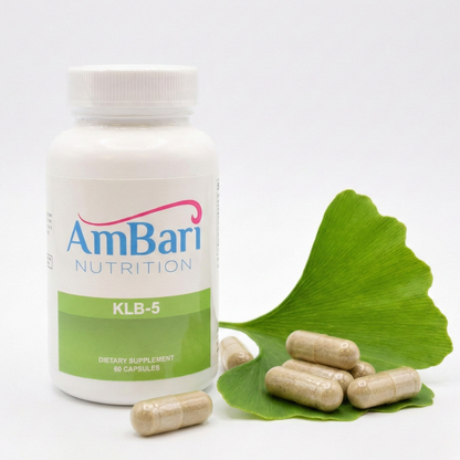 AmBari Nutrition KLB-5 supplement bottle with label, showing dietary supplement capsules and product branding.