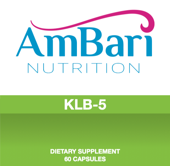 AmBari Nutrition KLB-5 supplement bottle for natural weight loss enhancement, featuring capsules in clear container.