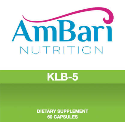 AmBari Nutrition KLB-5 supplement bottle for natural weight loss enhancement, featuring capsules in clear container.