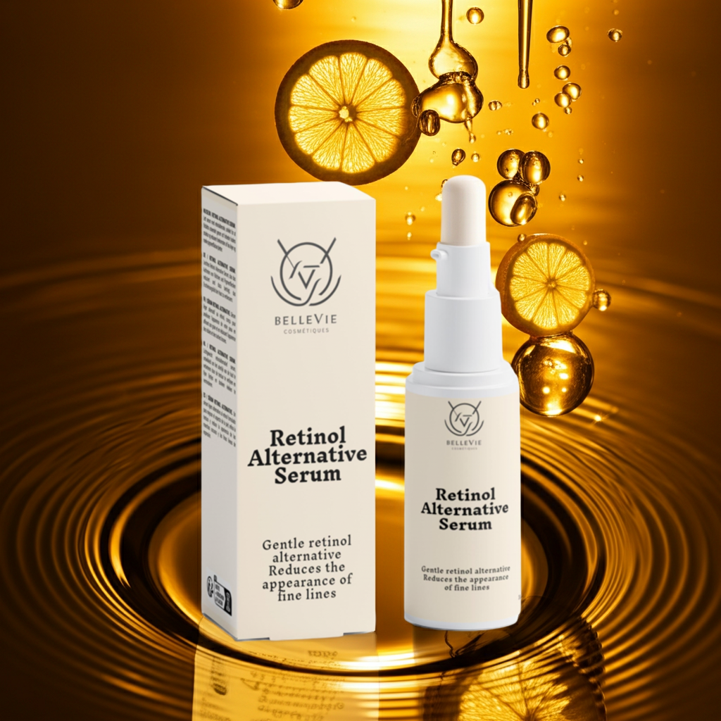BelleVie Cosmétiques retinol alternative serum in a 30ml bottle, promoting gentle anti-aging and radiant skin.