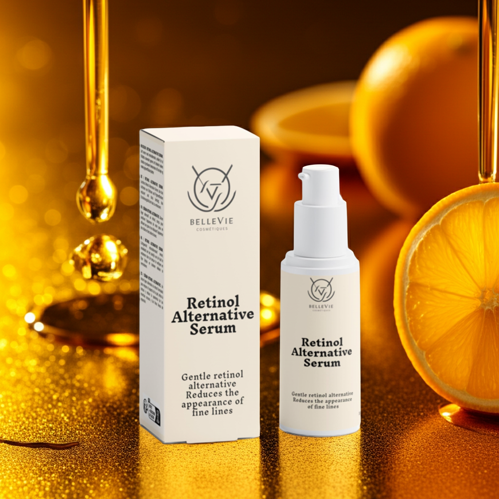 BelleVie Cosmétiques retinol alternative serum in a 30ml bottle, promoting gentle anti-aging and radiant skin.