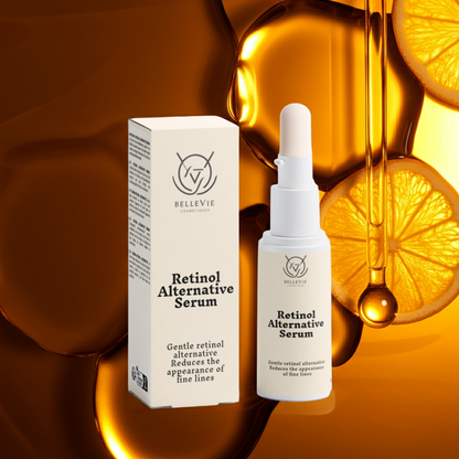 BelleVie Cosmétiques retinol alternative serum in a 30ml bottle, designed to promote anti-aging and radiant skin.