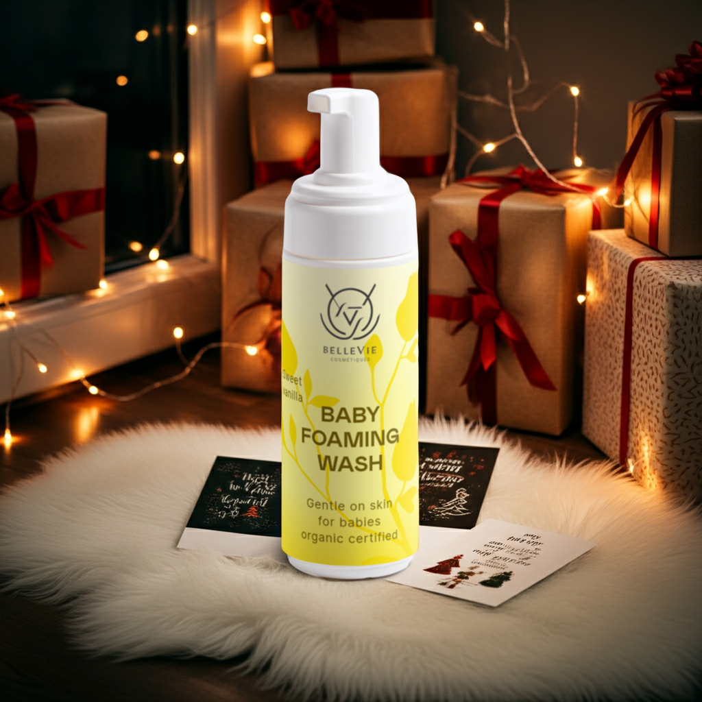 Gentle Belleviecosmetic Baby Foaming Wash 150ml in a clear pump bottle, suitable for newborns and free from nuts.