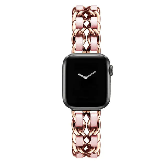 Women's Gold Metal Leather Wristband for Apple Watch