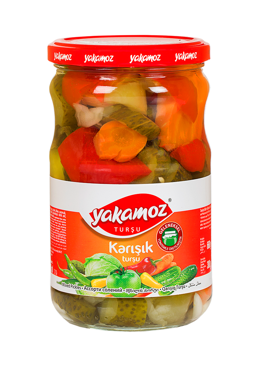 S101 Yakamoz mixed pickles in a glass jar, showing colorful assortment of preserved vegetables inside.