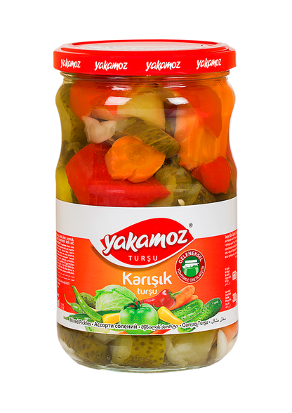 S101 Yakamoz mixed pickles in a glass jar, showing colorful assortment of preserved vegetables inside.
