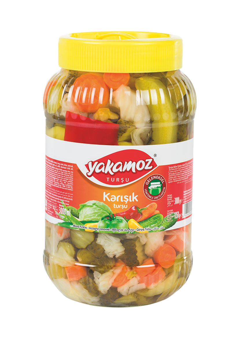 Glass jar of S101 Yakamoz Mixed Pickles, 3000g, with colorful assorted vegetables visible inside the jar.
