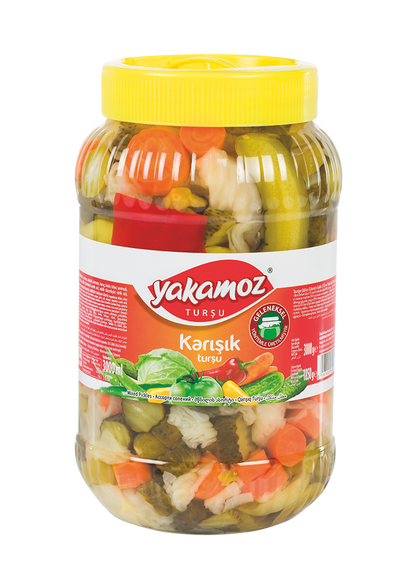 Glass jar of S101 Yakamoz Mixed Pickles, 3000g, with colorful assorted vegetables visible inside the jar.