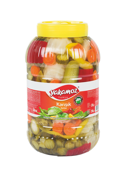S101 Yakamoz mixed pickles in a glass jar, showcasing colorful assorted vegetables for flavorful snacking.