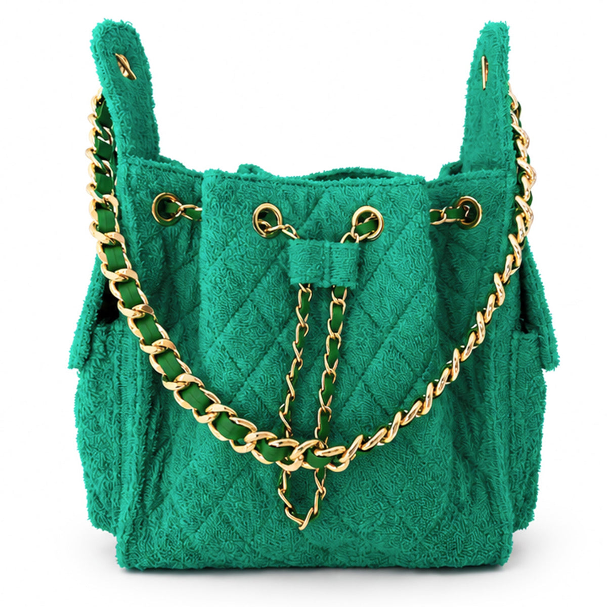Small Kelly green Bayshore Bucket Bag from BEACH HAUS with a woven texture and leather drawstring closure.