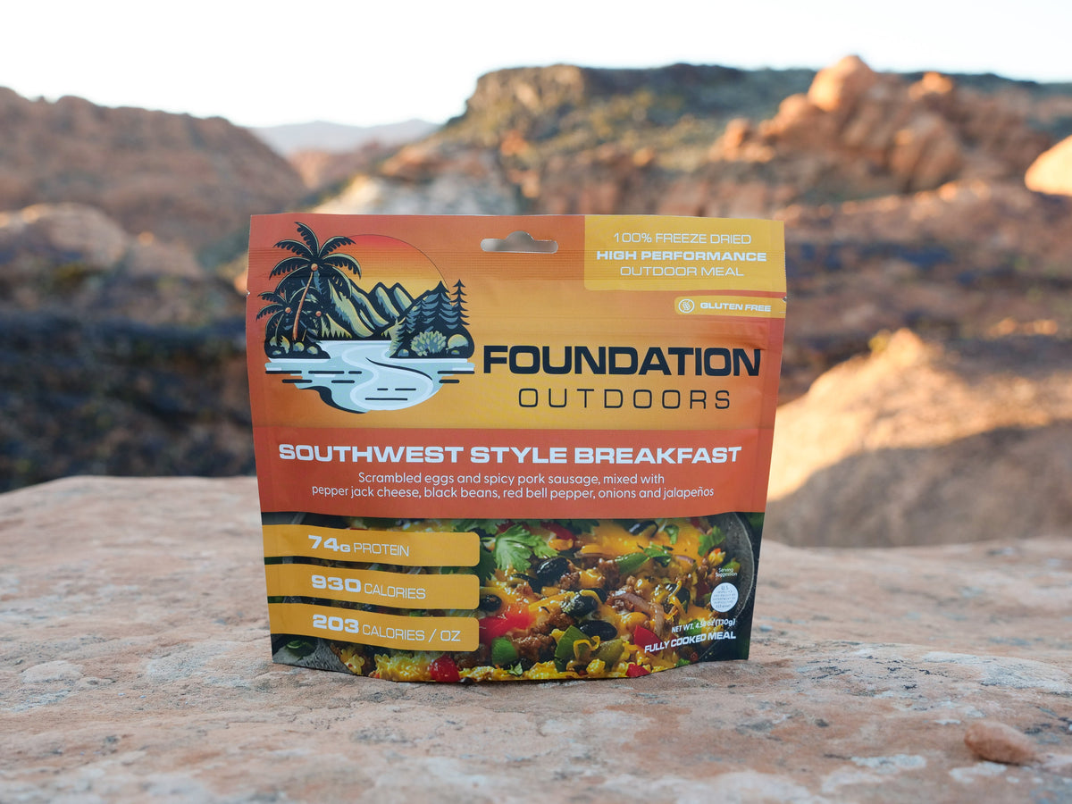 Southwest style breakfast meal from FOUNDATION Outdoors with eggs, peppers, and tortillas served on a plate.