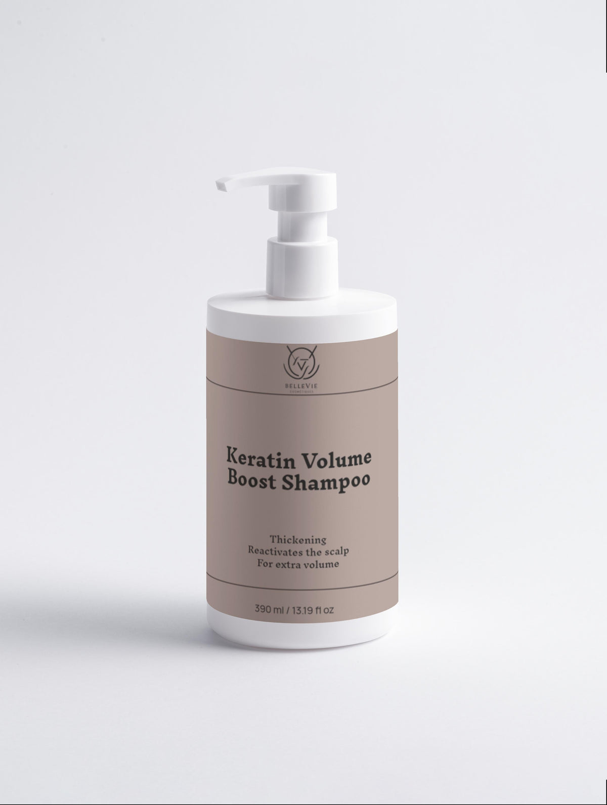 Belleviecosmetic Keratin Volume Boost Shampoo 390ml bottle showing shiny, thickened hair with visible volume and healthy shine.