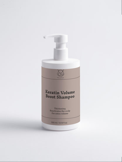 Belleviecosmetic Keratin Volume Boost Shampoo 390ml bottle showing shiny, thickened hair with visible volume and healthy shine.