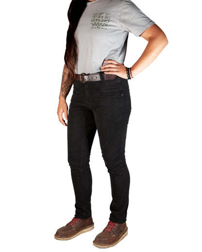 Black Kestral women's pants by Off The Grid Surplus, featuring a relaxed fit and casual style, displayed on a model.