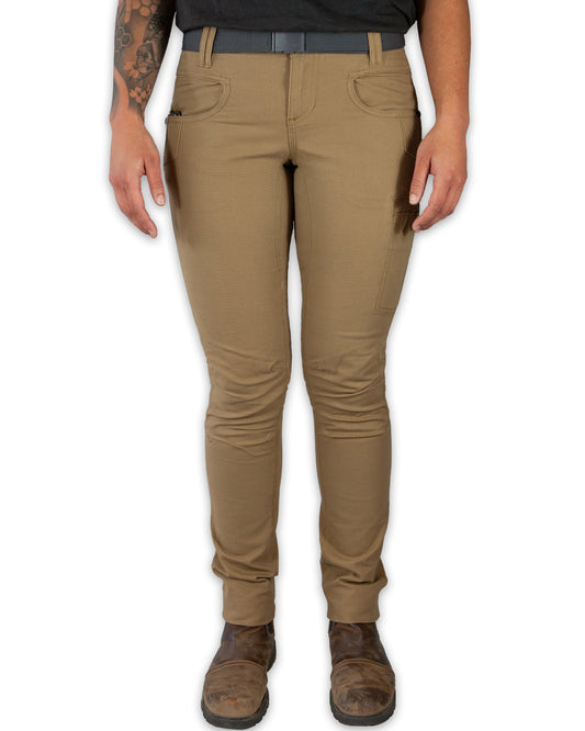 Kestral women's pants by Off The Grid Surplus in coyote color, featuring a comfortable fit and functional design.