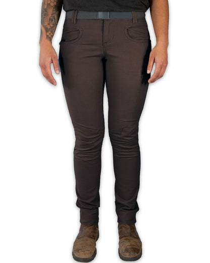 Dark brown Kestral women's pants by Off The Grid Surplus, showing a comfortable fit and casual style.