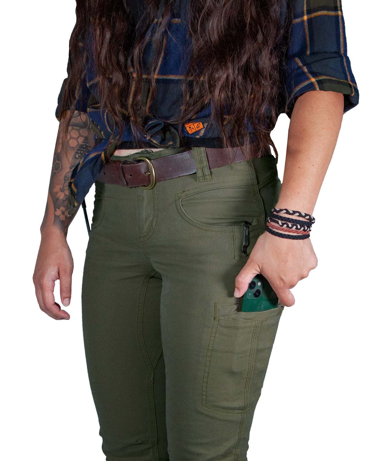 Dark olive Kestral women's pants by Off The Grid Surplus, featuring a relaxed fit and functional design for casual wear.