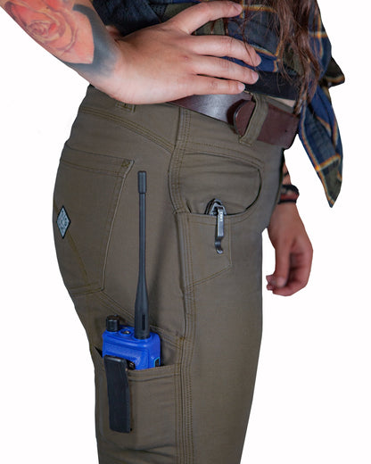 Kestral Women's Deadwood Pants by Off The Grid Surplus, showing tan rugged women’s pants with functional pockets and sturdy fabric.