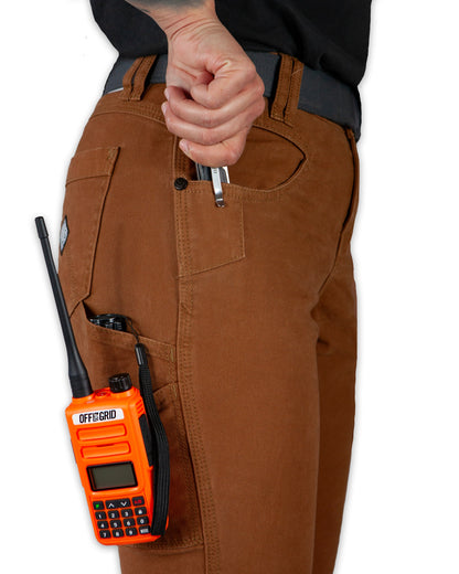 Kestral women's tobacco-colored pants by Off The Grid Surplus, showcasing the relaxed fit and casual style of the pants.